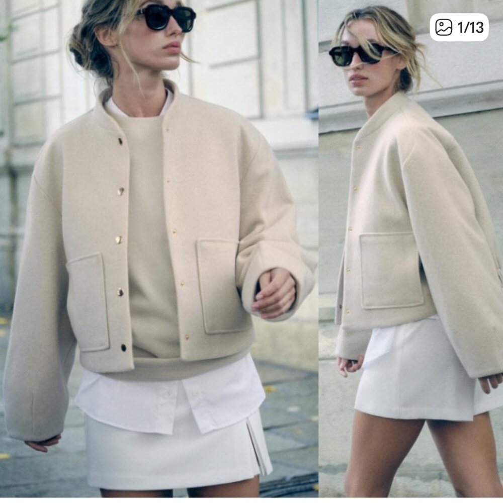 ZARA Cropped Bomber Jacket with Patch Pockets in Sand Size L